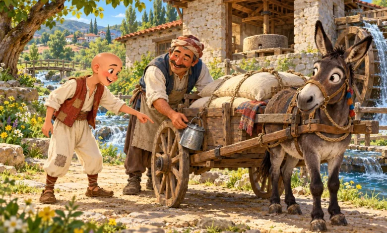 Keloğlan ve Değirmencinin İnatçı Eşeği Masalı 13 Keloğlan, değirmen yanında Karakulak’ın arabasındaki ses çıkaran tenekeyi Hasan Usta’ya gösteriyor.