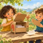 Sarı tulumlu Mina ve mavi gömlekli Arda, bahçedeki karton oyun postanesinin kapağını ve resimli mektupları kontrol ediyor.