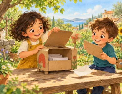 Sarı tulumlu Mina ve mavi gömlekli Arda, bahçedeki karton oyun postanesinin kapağını ve resimli mektupları kontrol ediyor.
