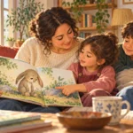 Bir ebeveyn ve iki çocuk, resimli masal kitabına birlikte bakıp konuşuyor.