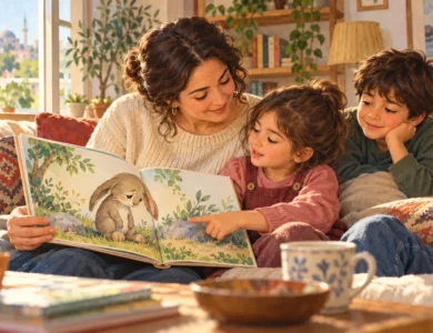 Bir ebeveyn ve iki çocuk, resimli masal kitabına birlikte bakıp konuşuyor.