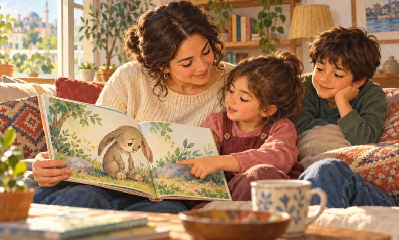 Bir ebeveyn ve iki çocuk, resimli masal kitabına birlikte bakıp konuşuyor.